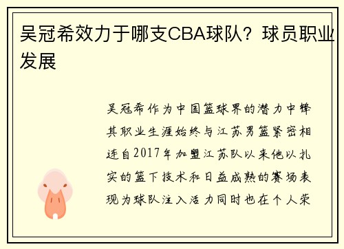 吴冠希效力于哪支CBA球队？球员职业发展